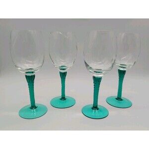 Vth MCM Empoli Italian Art Glass Aqua Teal Twisted Stem Wine Glasses Set of 4